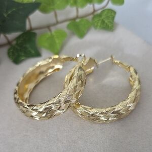 Gold Filled Basketweave Design Hoop Earrings